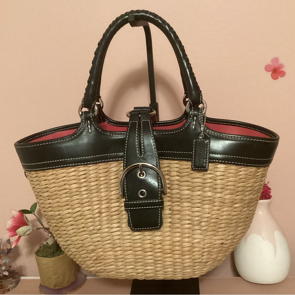 Coach Vintage Black and Tan Women's Woven Straw/Wicker Handbag